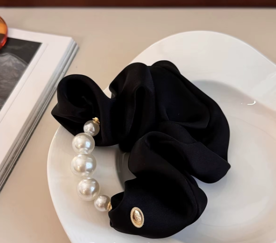 Pearl & Gold Medallion Satin Scrunchies - Luxury Hair Accessories Collection