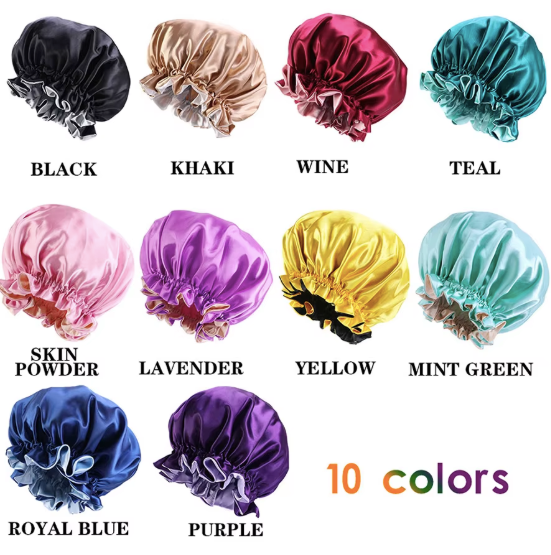 Women Hair Protection Large Night Cap Satin Silk Shower Cap Elastic Stretchy Wide Satin Sleep Bonnet double layer