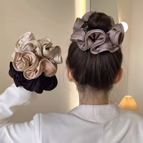 Luxury Elegant Simple Oversize Flower Elastic Hair Ties Big Black Brown Hair Band Girls Women Extra Large Satin Silk Scrunchies