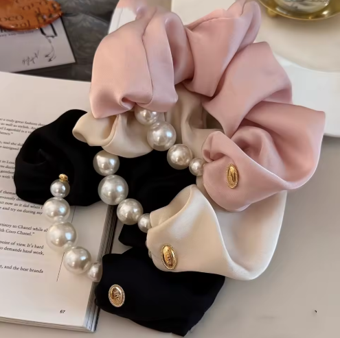 Pearl & Gold Medallion Satin Scrunchies - Luxury Hair Accessories Collection
