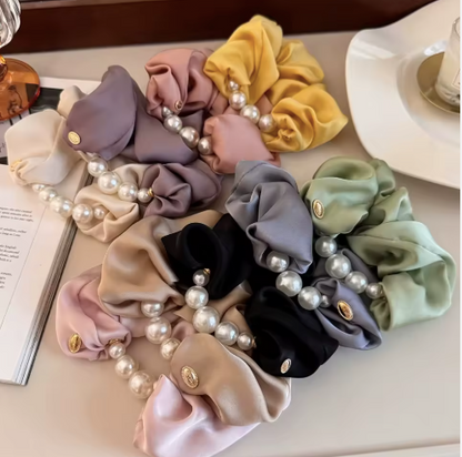 Pearl & Gold Medallion Satin Scrunchies - Luxury Hair Accessories Collection
