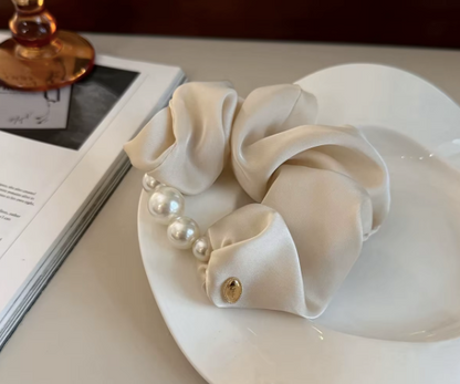 Pearl & Gold Medallion Satin Scrunchies - Luxury Hair Accessories Collection