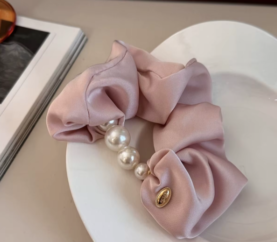 Pearl & Gold Medallion Satin Scrunchies - Luxury Hair Accessories Collection