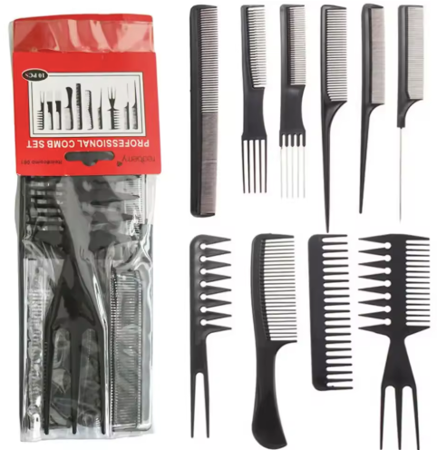 Professional Comb Set - 10-Piece Hair Styling Kit with Rat Tail & Wide Tooth Combs