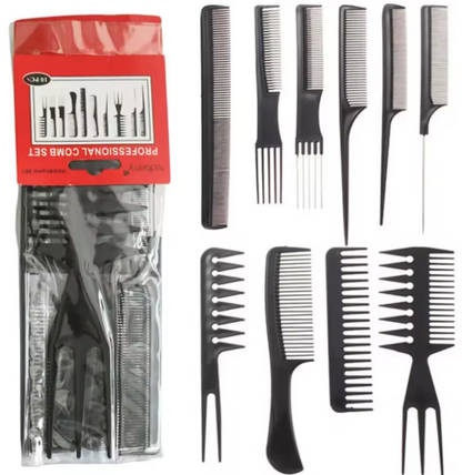 Professional Comb Set - 10-Piece Hair Styling Kit with Rat Tail & Wide Tooth Combs