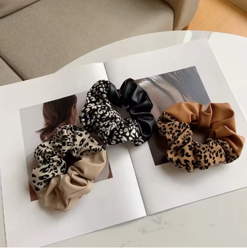 Stitching Leather Printing Animal Hair Band Ropes PU Cows Leopard Cheetah Pattern Scrunchies 01