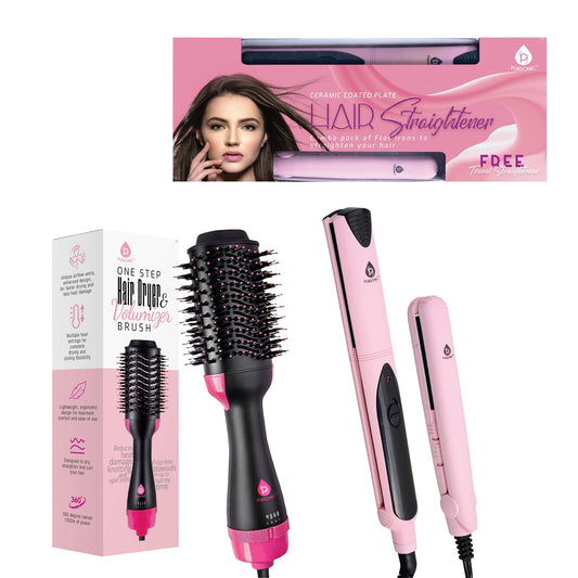 One Step Hair Dryer & Volumizer Brush + Professional Salon Quality Flat Iron Hair Straightener With Free Travel Straightener