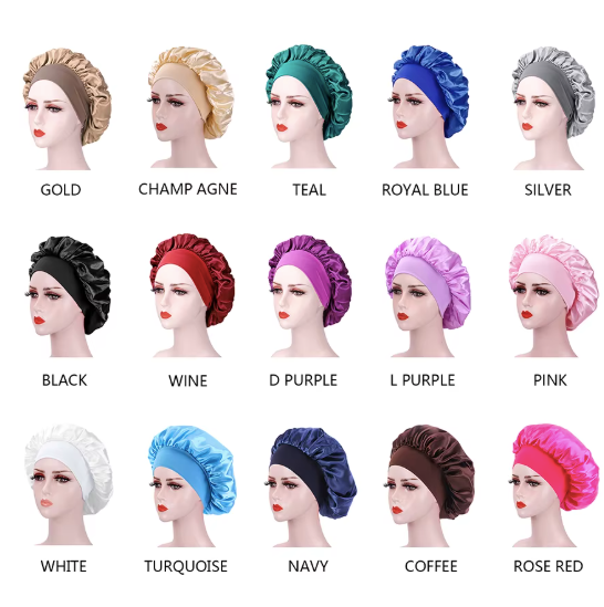 Women Hair Protection Large Night Cap Satin Silk Shower Cap Elastic Stretchy Wide Band Satin Sleep Bonnet color