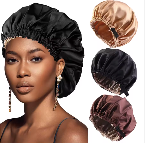 Women Hair Protection Large Night Cap Satin Silk Shower Cap Elastic Stretchy Wide Band Satin Sleep Bonnet double layer