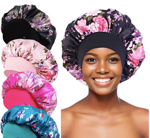 Women Hair Protection Large Night Cap Satin Silk Shower Cap Elastic Stretchy Wide Band Satin Sleep Bonnet multicolor