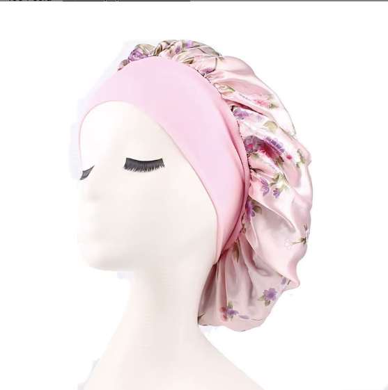 Women Hair Protection Large Night Cap Satin Silk Shower Cap Elastic Stretchy Wide Band Satin Sleep Bonnet multicolor pink