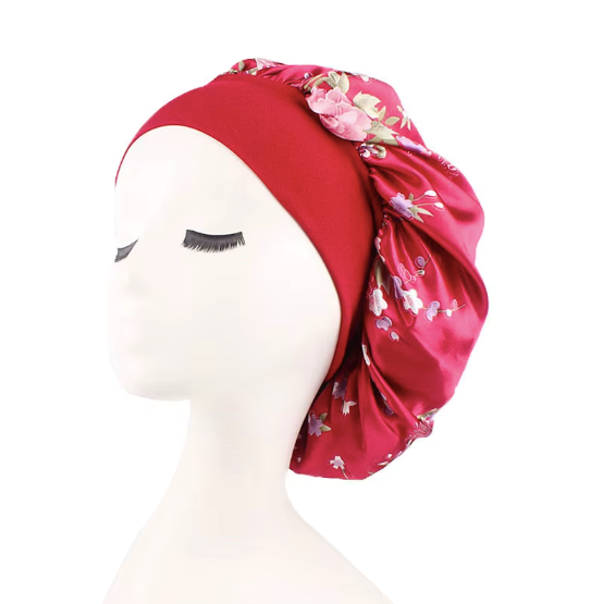 Women Hair Protection Large Night Cap Satin Silk Shower Cap Elastic Stretchy Wide Band Satin Sleep Bonnet multicolor red